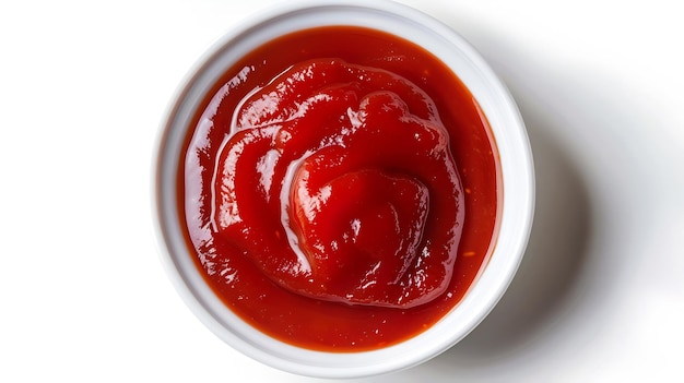 Red tomato sauce or ketchup in ceramic bowl isolated on white background Top view F Generative AI