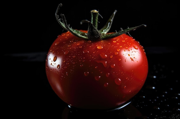 Photo red tomato with drops on black gradient background generative ai