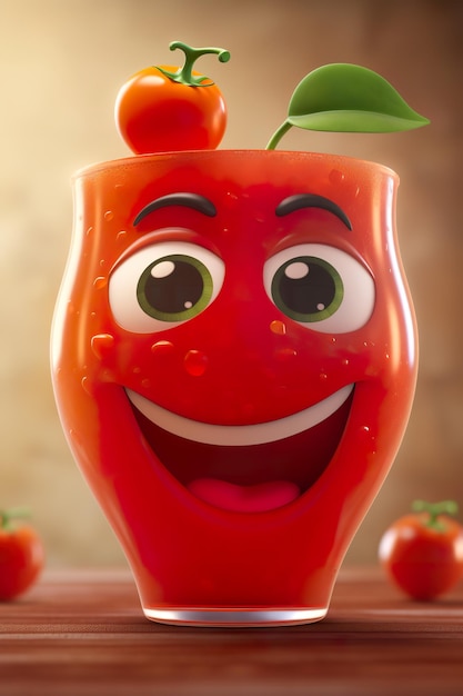 A red tomato with green eyes and a smiling face with a green eyes.