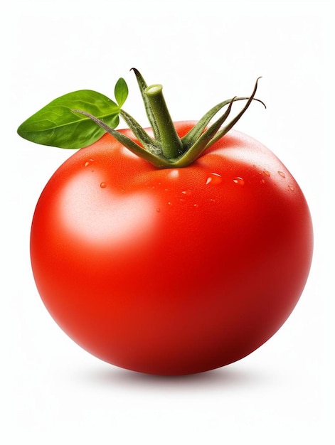 a red tomato with a green leaf on it