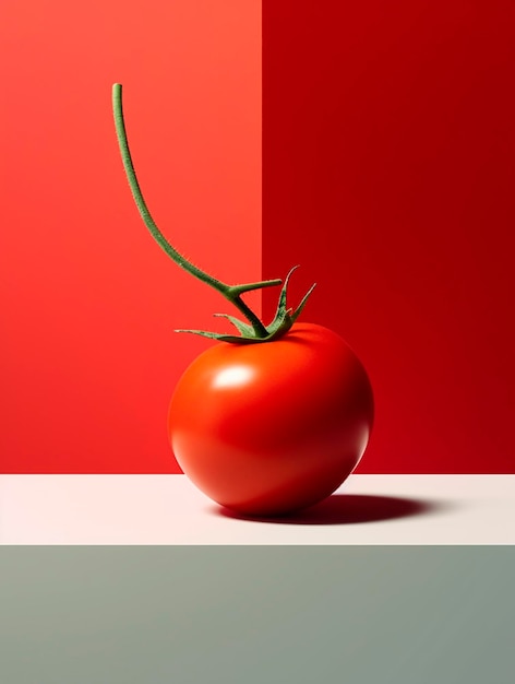 A red tomato with a stem sticking out of it