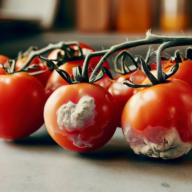 Red tomatoes on a branch with mold and fungus on the kitchen table Spoiled vegetables unfit for food