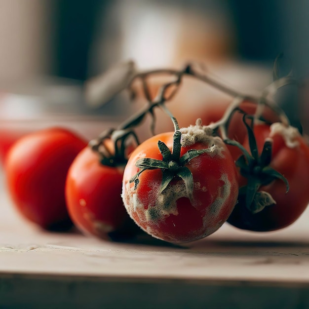 Red tomatoes on a branch with mold and fungus on the kitchen table Spoiled vegetables unfit for food