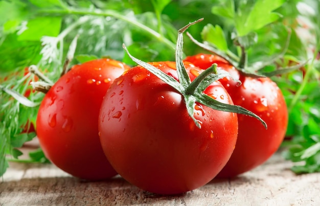 Red tomatoes and green herbs close up macro shot selective focus