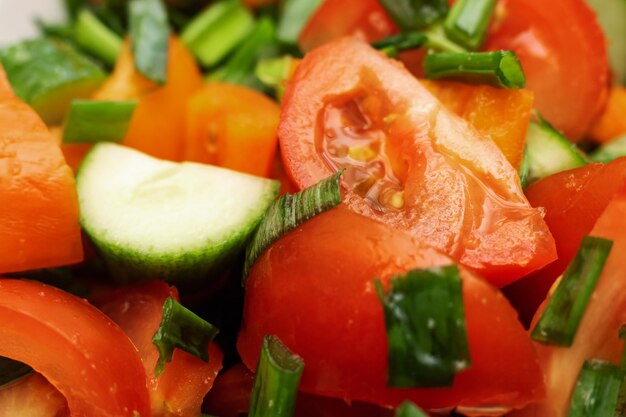 Red tomatoes and green onions close up