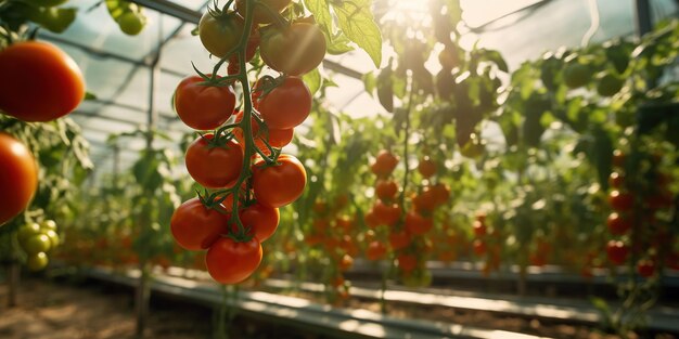 red tomatoes in a greenhouse