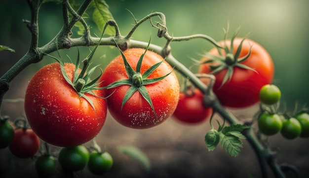 Red tomatoes growing on vine closeup Generate Ai