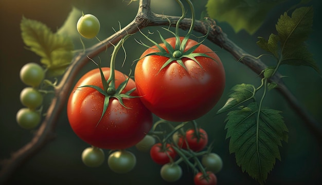 Red tomatoes growing on vine closeup Generate Ai