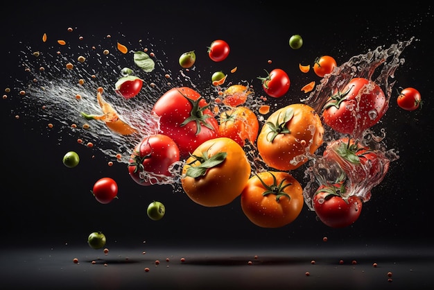 Red tomatoes in splash of water on a black background fresh vegetables