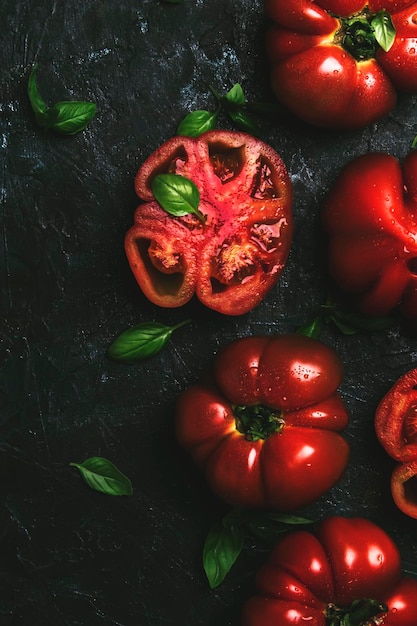 Red tomatoes with green basil leaves on the black kitchen table background summer harvest cooking salad top view