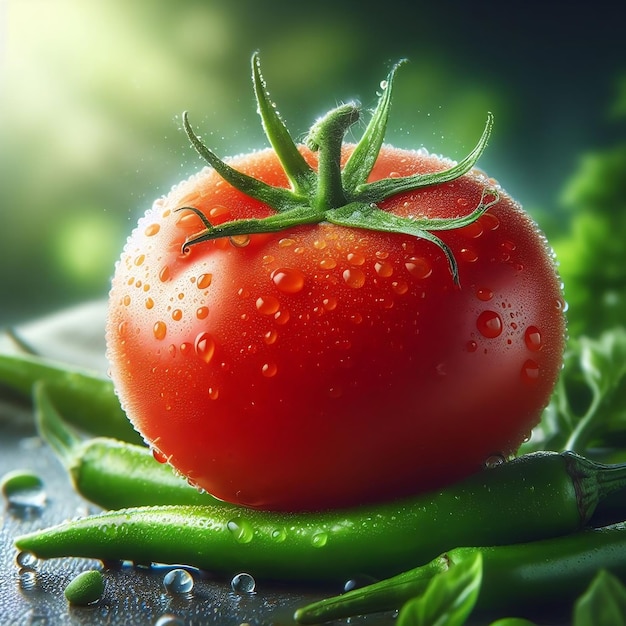 사진 녹색 줄기를 가진 은 토마토와 녹색 칠리 페퍼