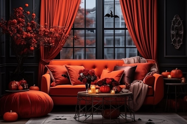 Red toned living room interior with Halloween decorations Background for Halloween