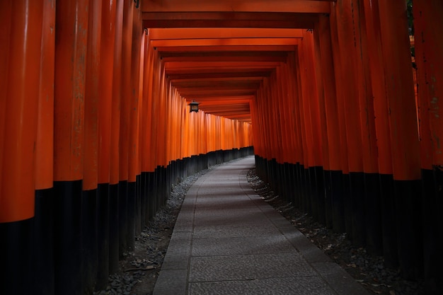 Red Tori Gate at Fushimi Inari Shrine in Kyoto , Japan