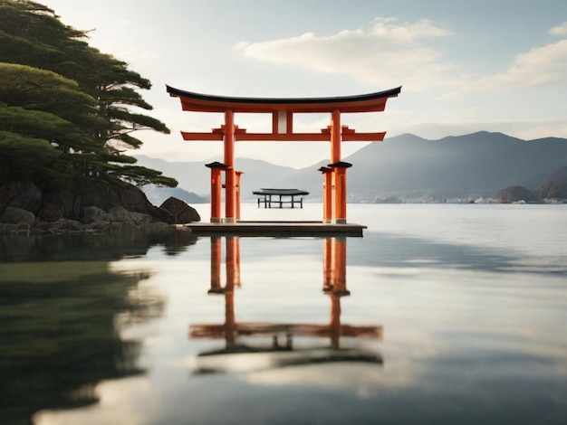 a red torii gate sits in front of a lake