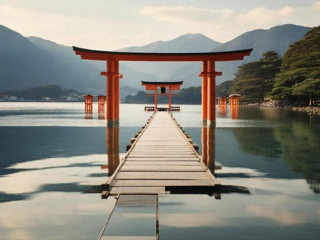 a red torii gate sits on a lake in front of a mountain