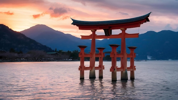 Red torii on the hakone lake japan