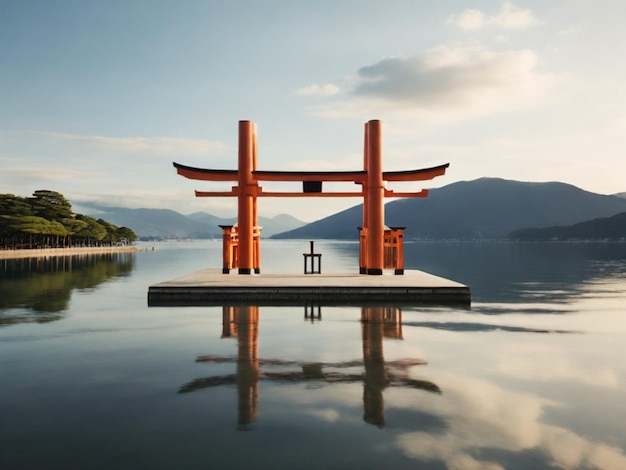 Photo a red torii is on a dock in front of a mountain