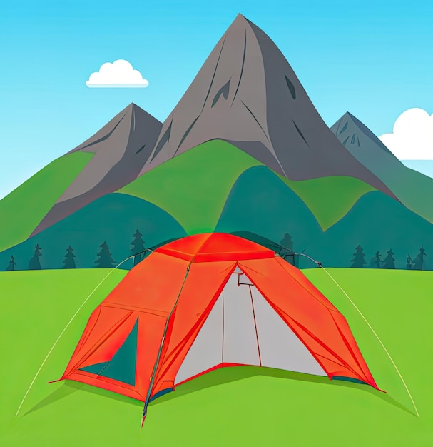 Red tourist tent on a green meadow against the backdrop of mountains