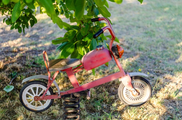Красный игрушечный велосипед стоит в траве.