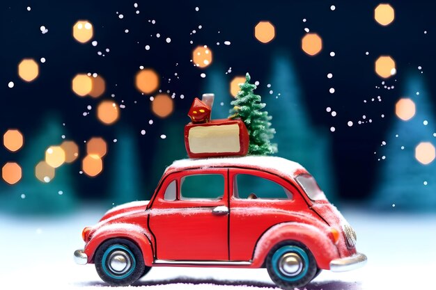 Red toy car with presents on christmas bokeh background