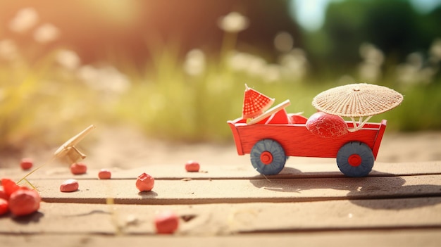 A red toy car with a red hat and a straw hat sits on the ground.