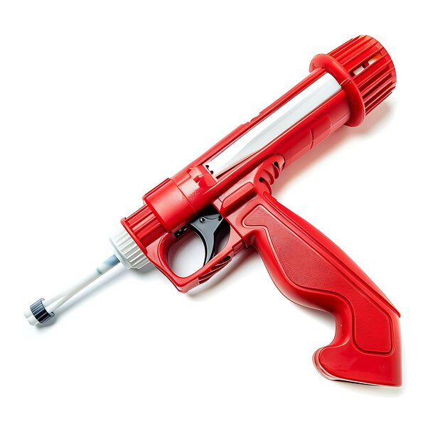 a red toy gun with a red handle and the word t on it