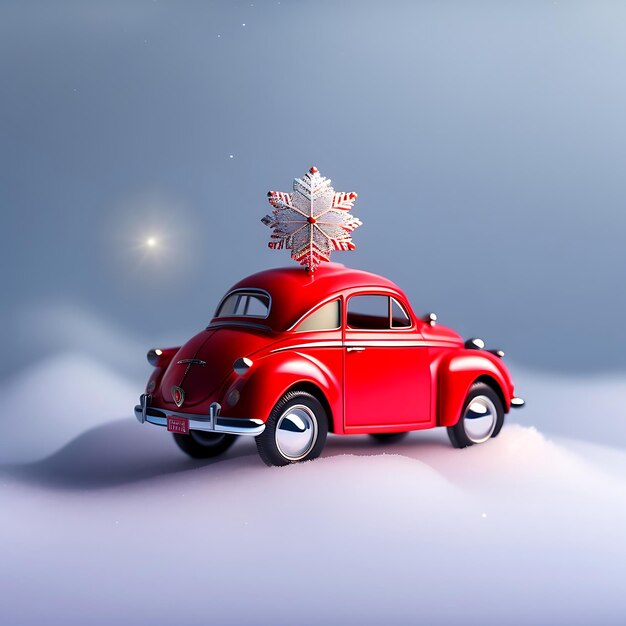 Red toy retro car delivering snowflake on the roof at snowy silver background