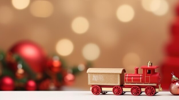 Red toy train and mini gift box studio shot bokeh winter Christmas banner Generative AI