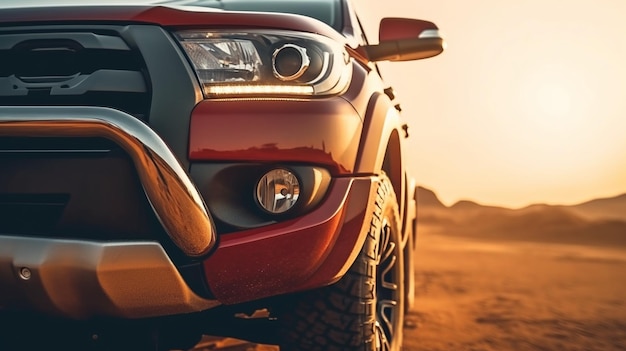 A red toyota suv is parked in the desert.