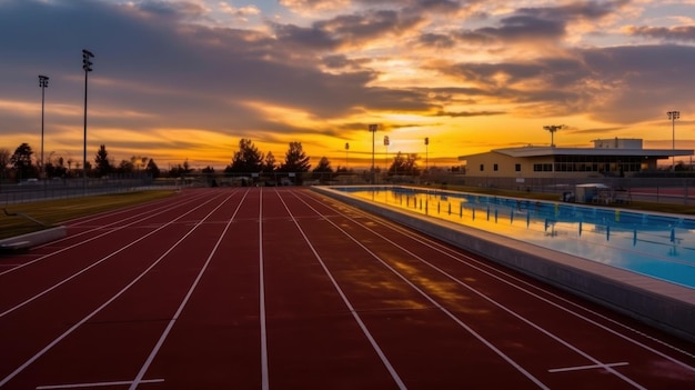 a red track with a sunset in the background