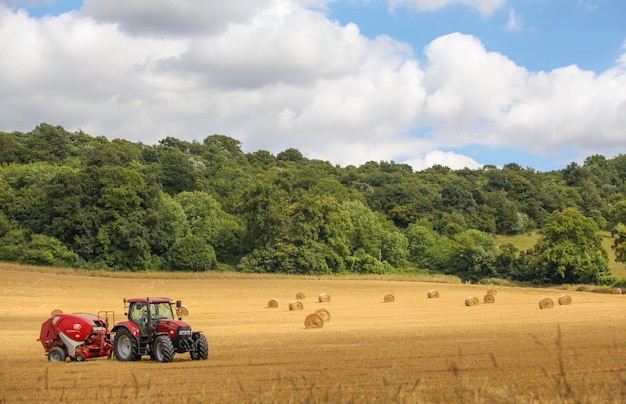 Foto tractor rosso con balle di fieno sul campo contro gli alberi