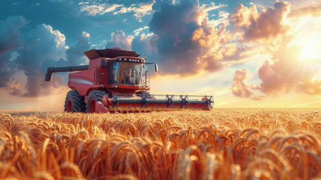 Red Tractor Driving Through Wheat Field