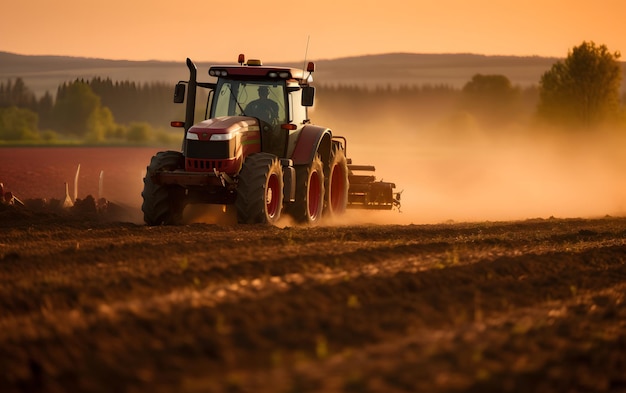 A red tractor in a field with a sunset in the background
