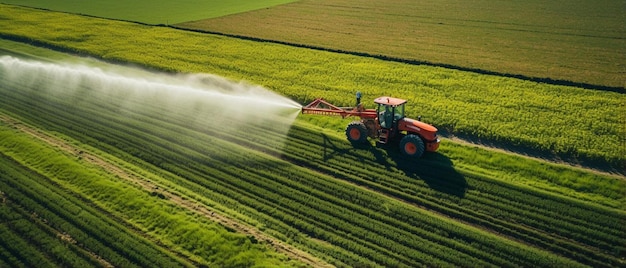 a red tractor irrigating in green grass taken from a distance from just above