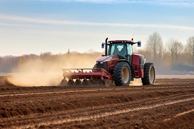 Photo a red tractor is on a dirt field with the words  red  on the side