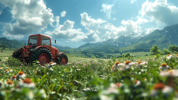 a red tractor is in a field with a mountain in the background