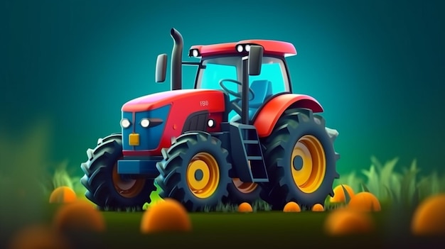 A red tractor is on a field with oranges in the background.