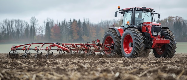 Red Tractor Plowing Field With Plow