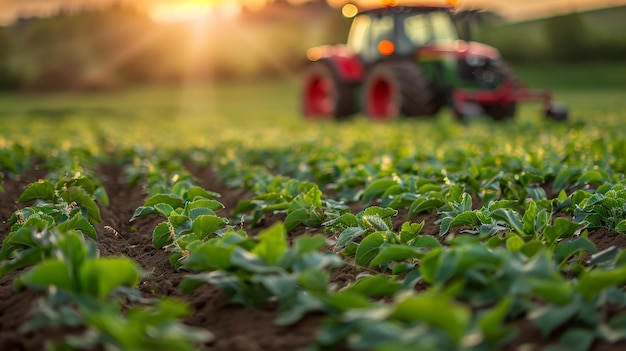 Красный трактор распыляет пестициды на живом зеленом поле сои на рассвете