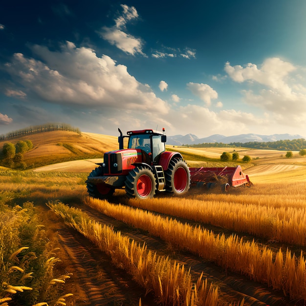 Red tractor on a wheat field Work in agricultural fields