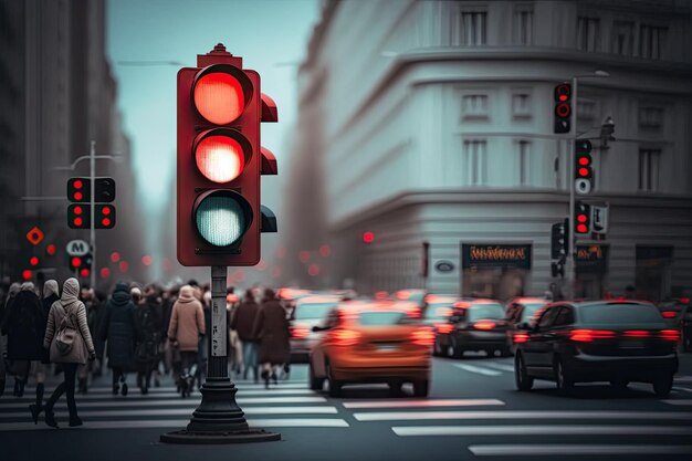 Red traffic light against the backdrop of busy city street with people and cars passing by