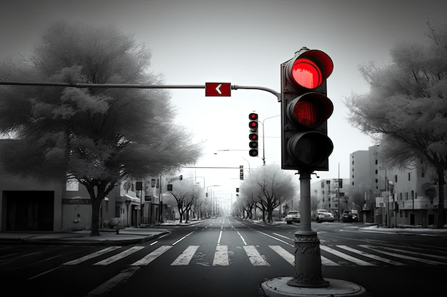 Red traffic light in empty desolate street with no other visible signs of life