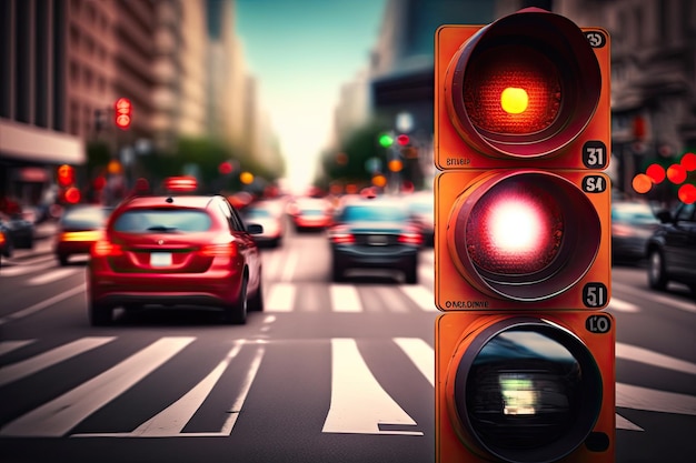 Red traffic light in the middle of busy street with cars and other vehicles speeding by