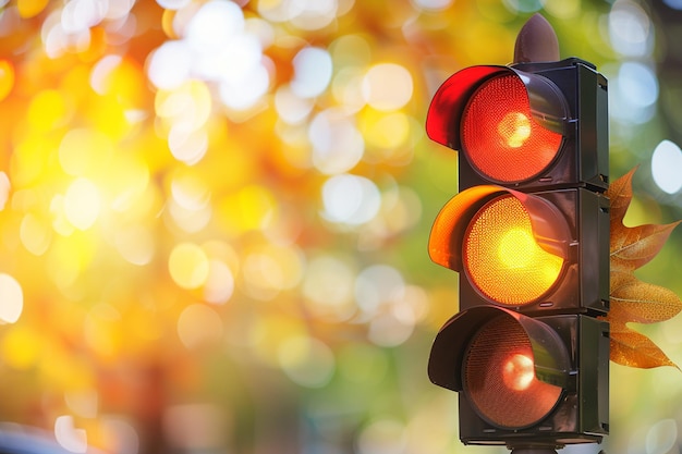 Red traffic light in semaphore closeup bright colored autumn background