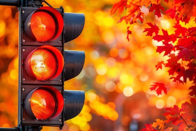 Red traffic light in semaphore closeup bright colored autumn background