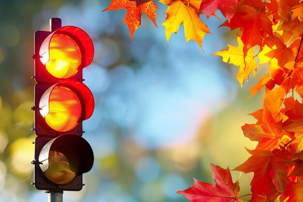 Red traffic light in semaphore closeup bright colored autumn background