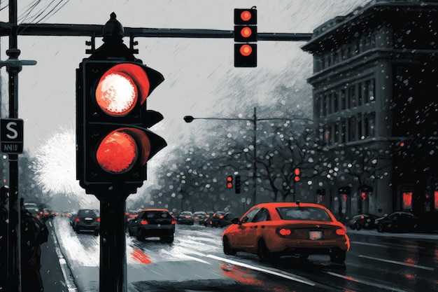 Red traffic light with view of busy intersection and flurry of passing cars