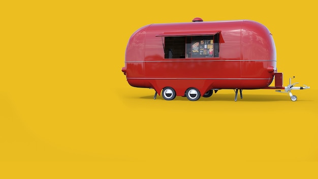 A red trailer with a man in a window that says'the tiny house'on it
