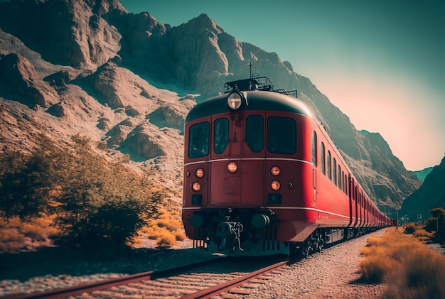 美しい夏の山の中の赤い電車 イラスト ジェネレーティブ AI