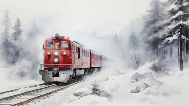 雪 の 森 を 通過 する 赤い 列車